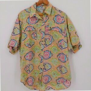 Silk Button Up Shirt Mens Size M Multicolor Mosaic Print Short Sleeve 90s Vtg